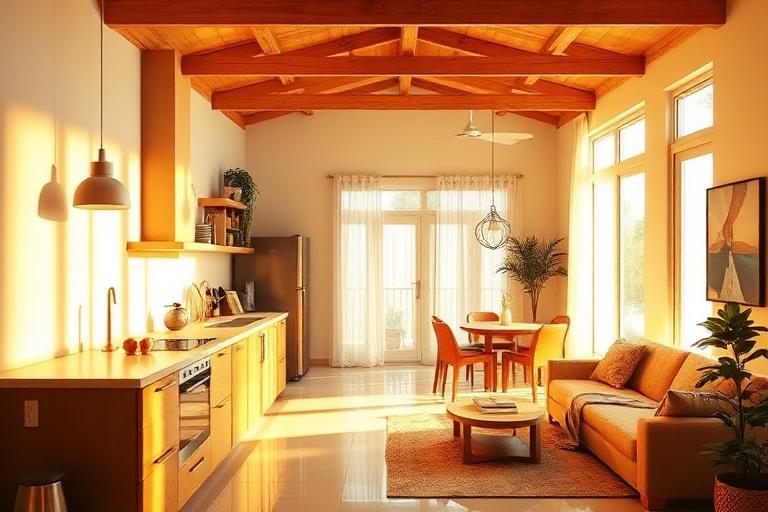 Sala reformada e aconchegante com luz quente