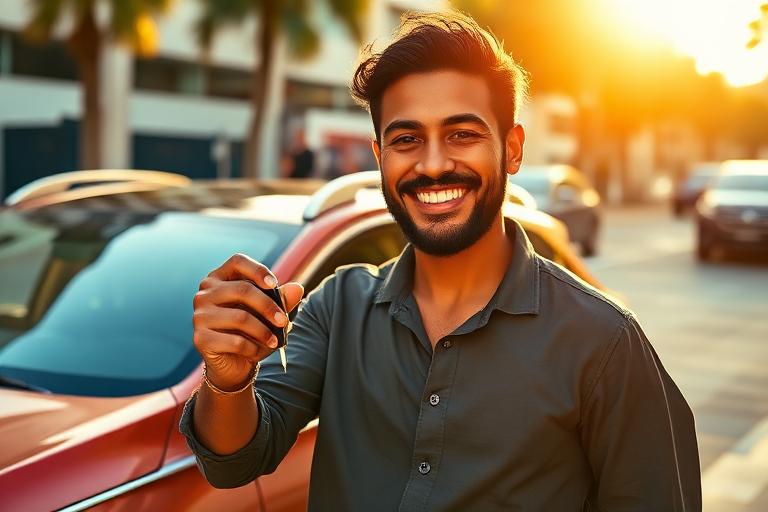 Pessoa sorrindo segurando a chave do carro novo